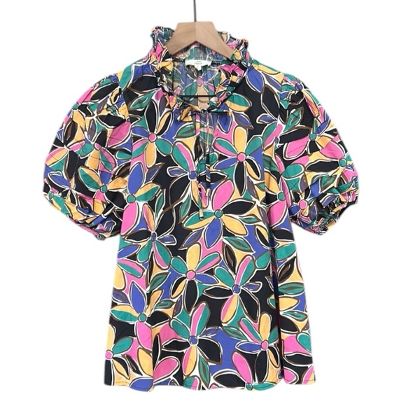 Entro Floral Print Short Puff Sleeve Tiered Detail Blouse In Multi Size Medium - Picture 3 of 12